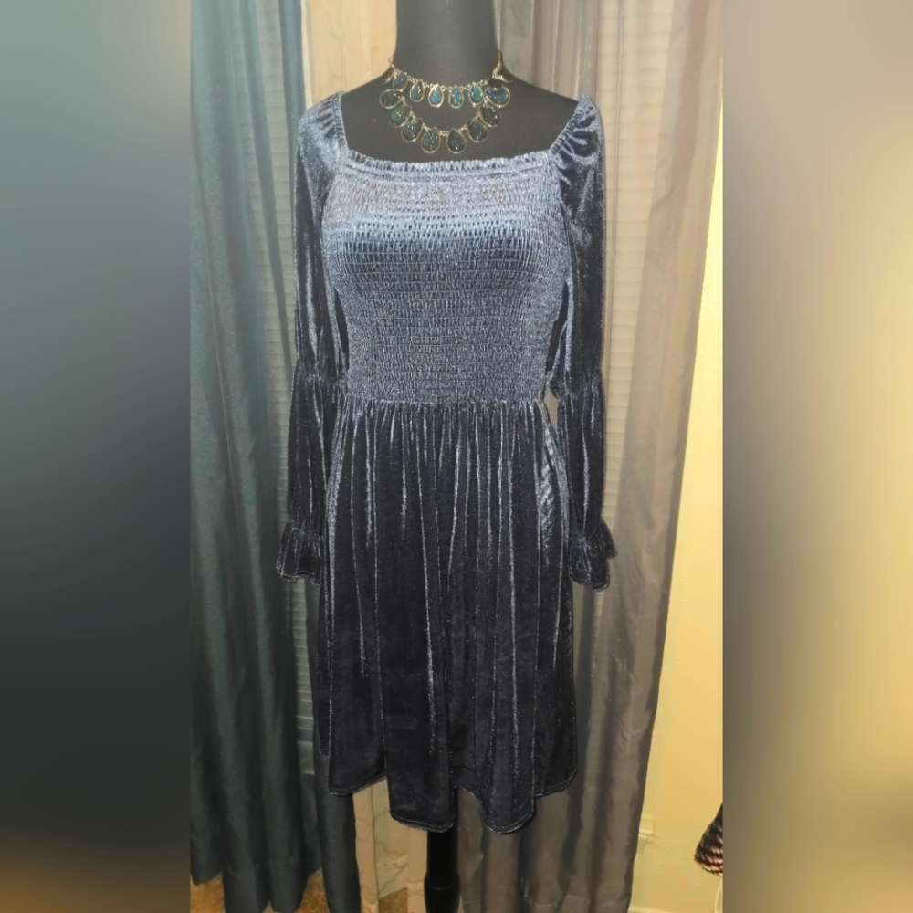 Chic Long Sleeve Velvet Dress in Deep Blue